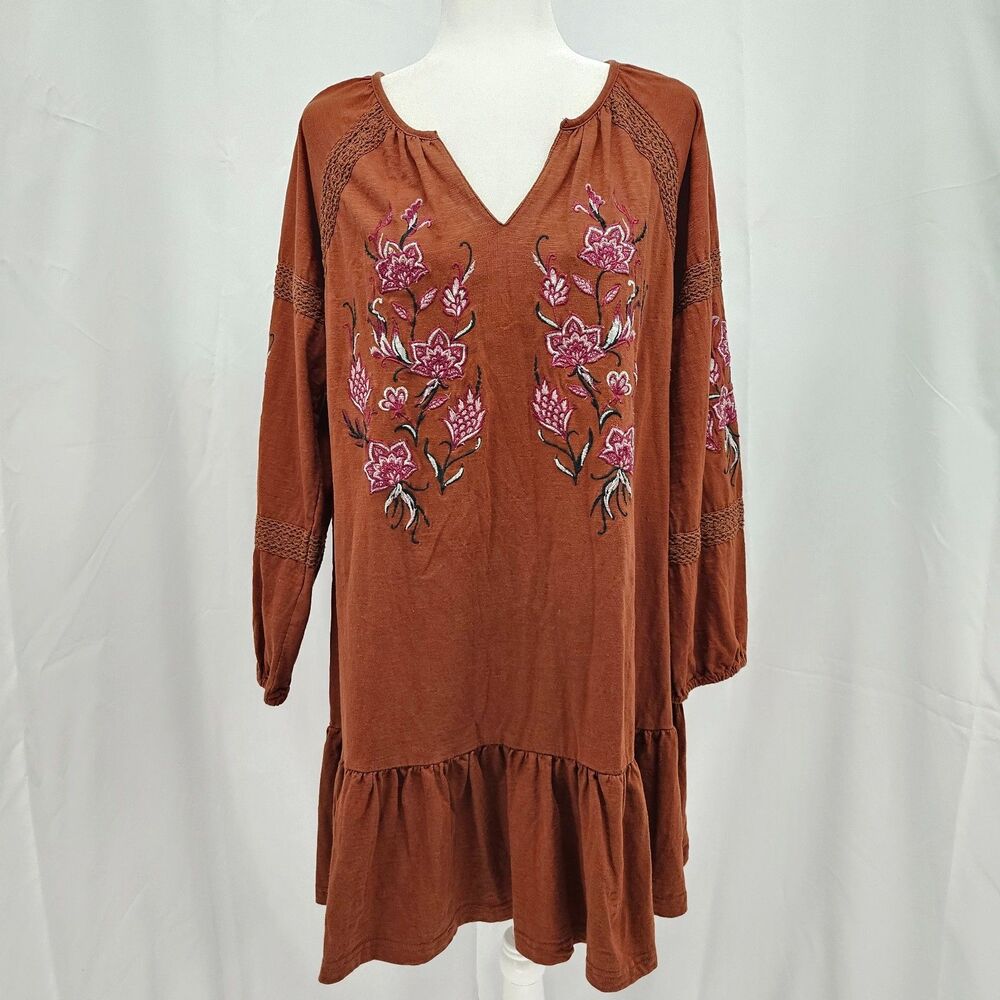 Cupio Brown Embroidered Floral Trim Tunic Shift Midi Dress Long sleeve Boho M